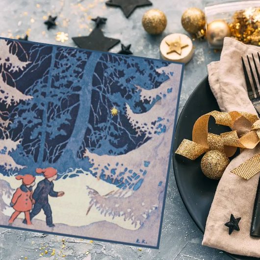  kinderen op een avondwandeling in de sneeuw feestdagenkaart