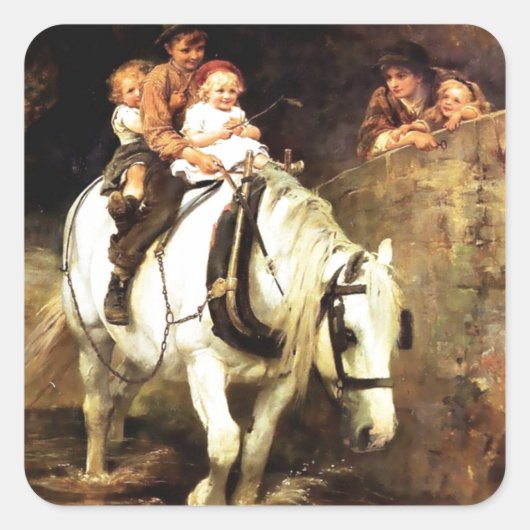 Kinderen op een Paardenschilderij Vierkante Sticker (Voorkant)