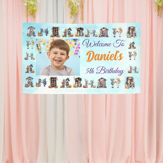 Kinderen op Halloween Thema Lichtblauwe Verjaardag Spandoek