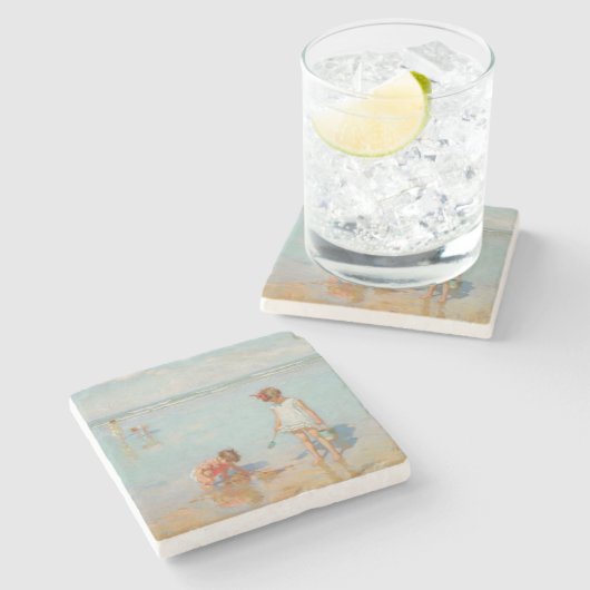 Kinderen op het Zee (Summer Beach Scene) Stenen Onderzetter (Zijkant)