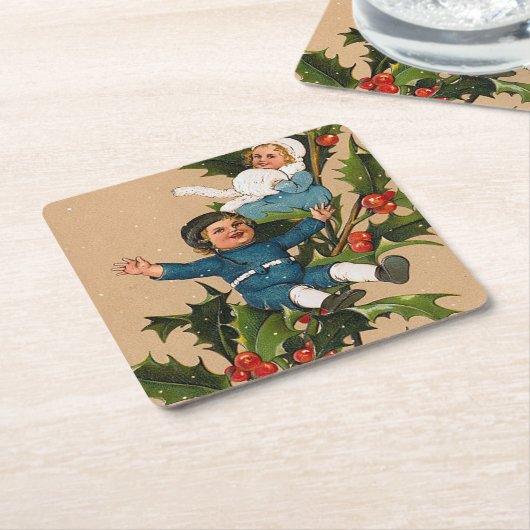 Kinderen op kerstmis Holly Kartonnen Onderzetters (Schuin)