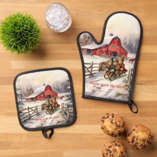 Kinderen op oude slee kerstscène Ovenwant & Pannenlap Set