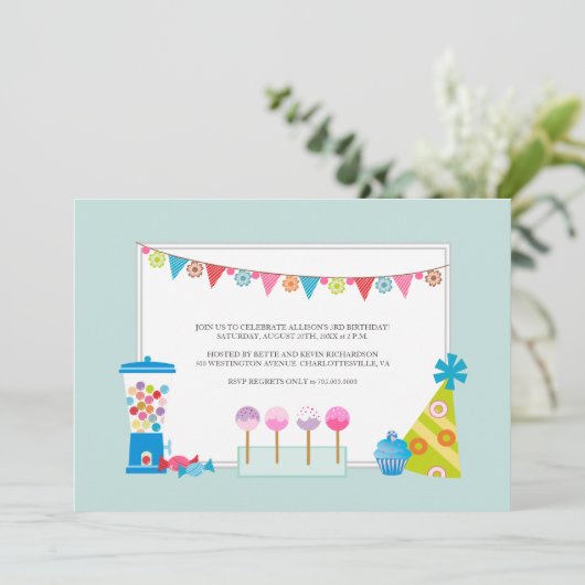 Kinderen op zaterdag Uitnodigingen {Snoep Buffet} (Staand voorkant)