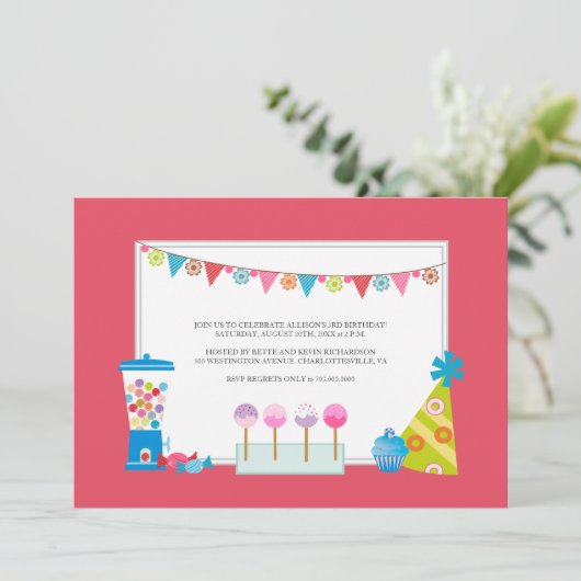 Kinderen op zaterdag Uitnodigingen {Snoep Buffet} (Staand voorkant)