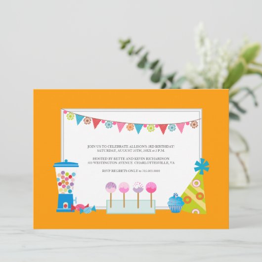 Kinderen op zaterdag Uitnodigingen {Snoep Buffet} (Staand voorkant)