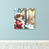 Kinderen Op zoek naar een Kerstvenster Vakantie Canvas Afdruk (Insitu (Houten vloer))