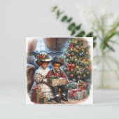 Kinderen openen kerstcadeaus  kaart (Staand voorkant)