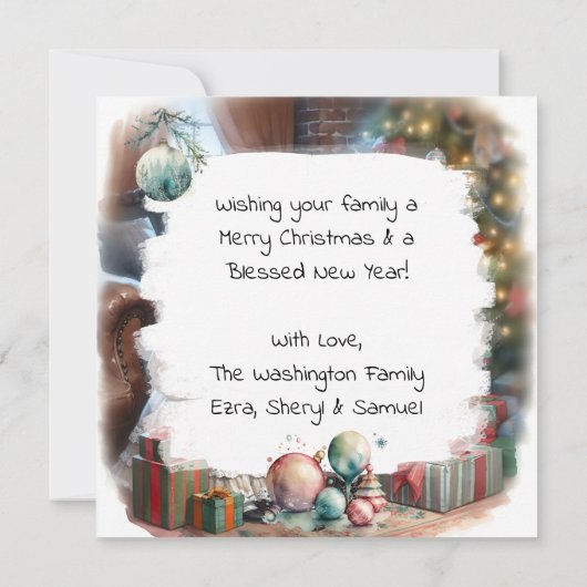 Kinderen openen kerstcadeaus kaart (Achterkant)