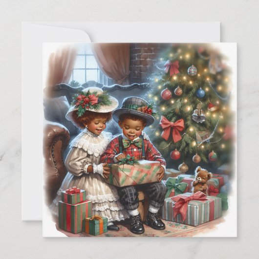 Kinderen openen kerstcadeaus  kaart (Voorkant)