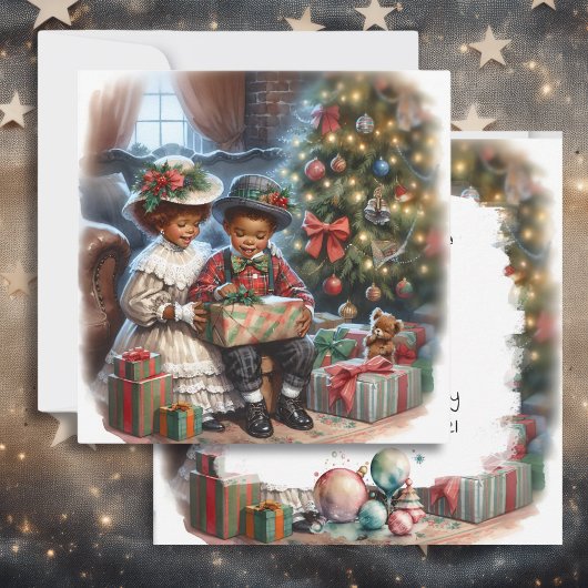 Kinderen openen kerstcadeaus  kaart