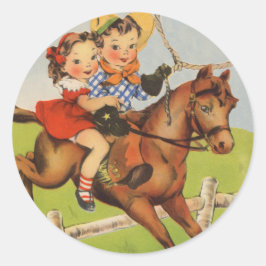  kinderen paardrijden cowboys spelen ronde sticker