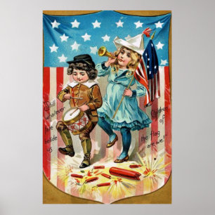 Kinderen paraderen met Amerikaanse vlag vintage 4 Poster