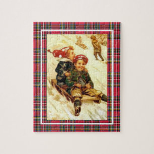 Kinderen Plezier Sledding  Winter Scene Plaid Legpuzzel