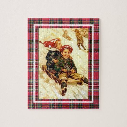 Kinderen Plezier Sledding  Winter Scene Plaid Legpuzzel (Verticaal)