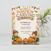 Kinderen Pompoen Snijden Halloween Feest Kaart (Staand voorkant)