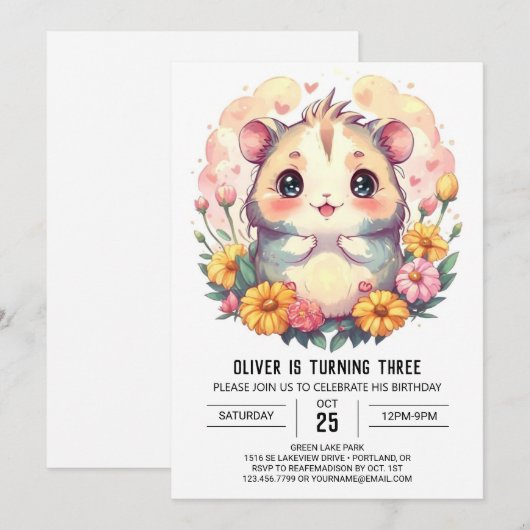 Kinderen Printable Hamster Verjaardag Kaart (Voorkant / Achterkant)