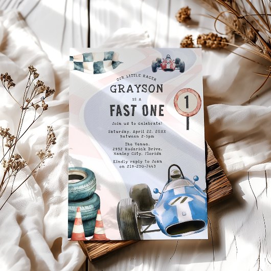 Kinderen raceauto thema eerste verjaardagsfeestje kaart