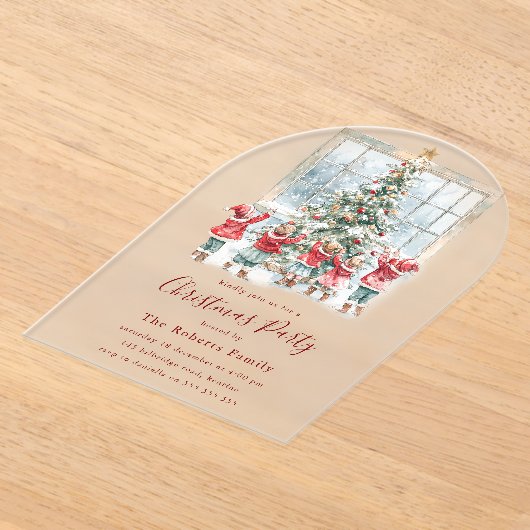 Kinderen rond de kerstboom acryl uitnodigingen (Laagn)