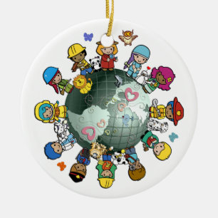 Kinderen rond de wereld rond de kerstboom keramisch ornament