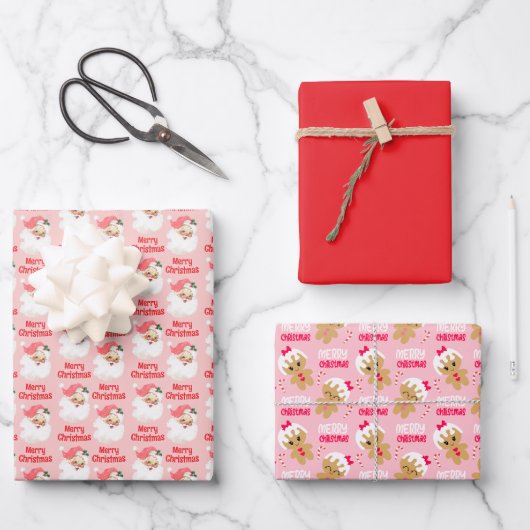 Kinderen Roze Kerst Inpakpapier Set van 3 Vel (Voorkant)