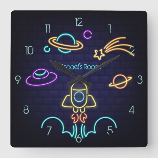 Kinderen ruimte thema neon licht vierkante klok (Voorkant)