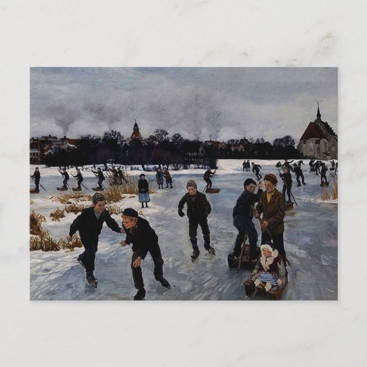 "Kinderen schaatsen buiten Faaborg", mooie kunst Briefkaart (Voorkant)