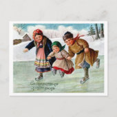 Kinderen schaatsen op ijs met kerst, Russisch Briefkaart (Voorkant)