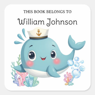 Kinderen Schattige Blauwe Walvis Ex-Libris Vierkante Sticker