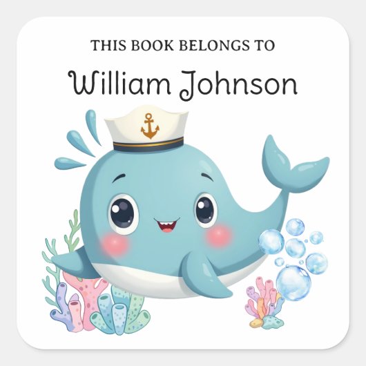 Kinderen Schattige Blauwe Walvis Ex-Libris Vierkante Sticker (Voorkant)