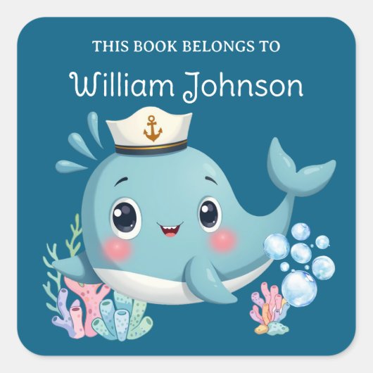 Kinderen Schattige Blauwe Walvis Ex-Libris Vierkante Sticker (Voorkant)