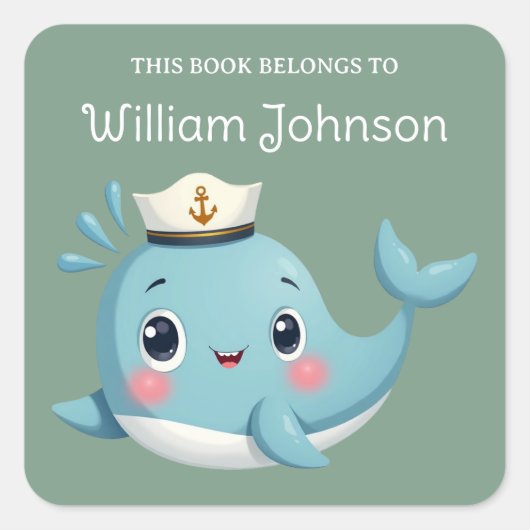 Kinderen Schattige Blauwe Walvis Ex-Libris Vierkante Sticker (Voorkant)