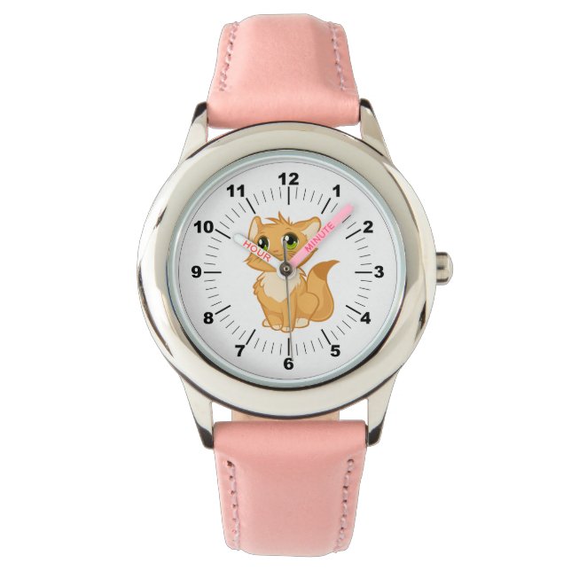 Kinderen Schattige Cat Pink Leather Strap Horloge (Voorkant)