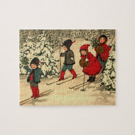 Kinderen skiën, een vintage winters beeld legpuzzel