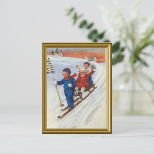  kinderen skiën feestdagenkaart (Staand voorkant)