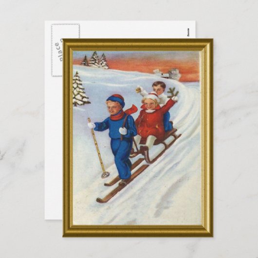  kinderen skiën feestdagenkaart (Voorkant / Achterkant)