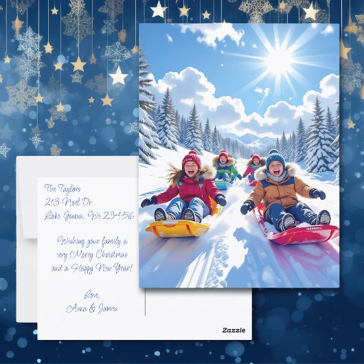 Kinderen Sledding Winter Gepersonaliseerde Kerst Briefkaart