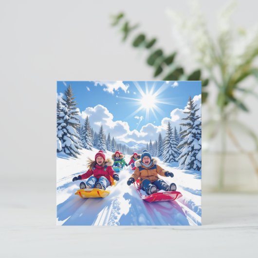 Kinderen Sledding Winter Gepersonaliseerde Kerst Kaart (Staand voorkant)