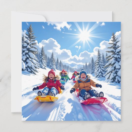 Kinderen Sledding Winter Gepersonaliseerde Kerst Kaart (Voorkant)