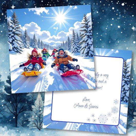 Kinderen Sledding Winter Gepersonaliseerde Kerst Kaart