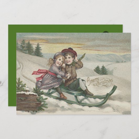 Kinderen Sleederen Kerstboom Sneeuw Winter Kaart (Voorkant / Achterkant)