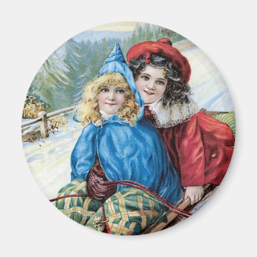 Kinderen sleeën vintage magneet (Voorkant)