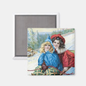 Kinderen sleeën vintage magneet (Voorkant / Achterkant)