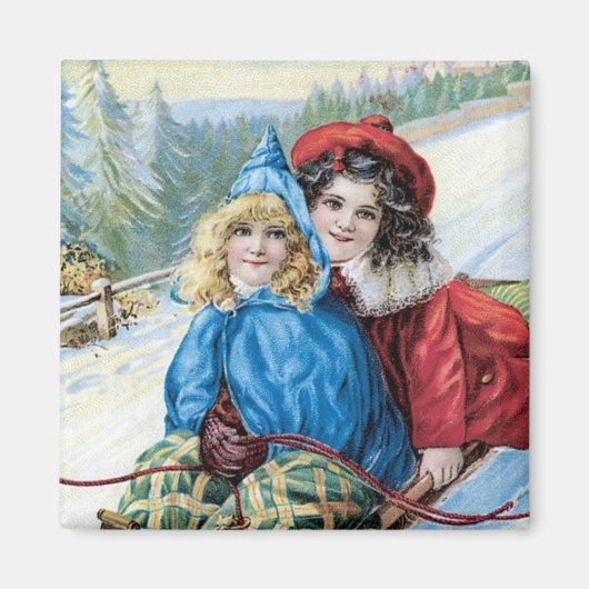 Kinderen sleeën vintage magneet (Voorkant)