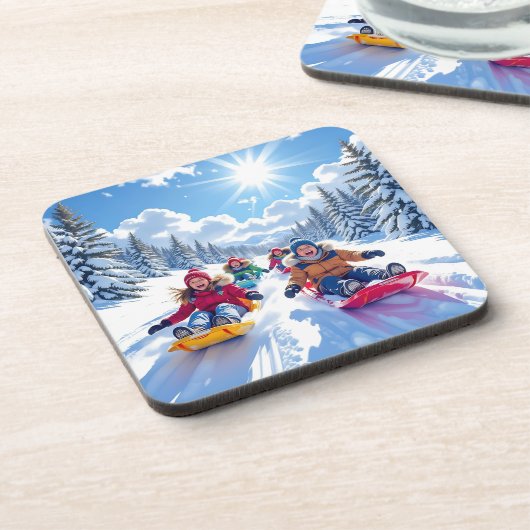 Kinderen Sleeën Winter Kerstmis Bier Onderzetter (Linkerzijde)