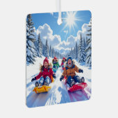 Kinderen Sleeën Winter Kerstmis Metalen Ornament (Voorkant Rechts)