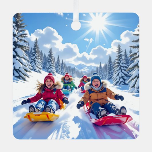 Kinderen Sleeën Winter Kerstmis Metalen Ornament (Voorkant)