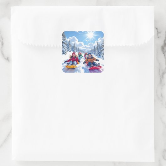 Kinderen Sleeën Winter Kerstmis Vierkante Sticker (Tas)