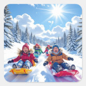 Kinderen Sleeën Winter Kerstmis Vierkante Sticker (Voorkant)