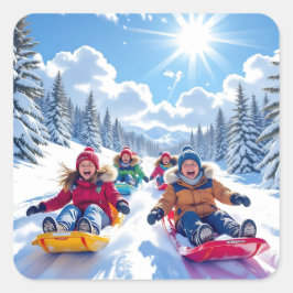 Kinderen Sleeën Winter Kerstmis Vierkante Sticker