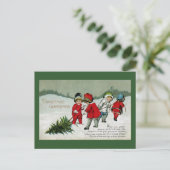 Kinderen slepen kerstboom  feestdagenkaart (Staand voorkant)